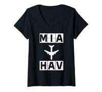 Mujer Ruta de avión MIA a HAV Miami Havana Camiseta Cuello V