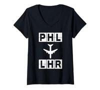 Mujer Ruta de Vuelo PHL a LHR Códigos de Filadelfia Londres Camiseta Cuello V
