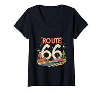 Mujer Ruta Retro clásica 66 Escena del Desierto con Coche Rojo Vintage Camiseta Cuello V