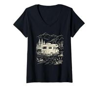 Mujer RV Montaña Bosque Campista Carretera Viaje Arte Camiseta Cuello V