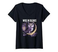 Mujer Sabio en Silencio búho Luna Noche Estrellada Camiseta Cuello V