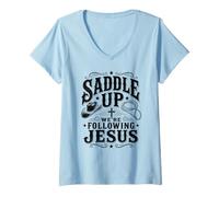 Mujer Saddle Up Estaban siguiendo a Jesús Fe Biblia Escritura Dios Camiseta Cuello V