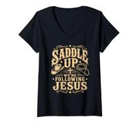 Mujer Saddle Up Estaban siguiendo a Jesús Fe Biblia Escritura Dios Camiseta Cuello V