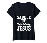 Mujer Saddle Up Estaban siguiendo a Jesús Fe Escritura Cristiana Dios Camiseta Cuello V