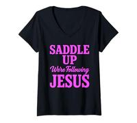 Mujer Saddle Up Estaban siguiendo a Jesús Fe Escritura Cristiana Dios Camiseta Cuello V