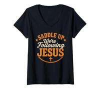 Mujer Saddle Up Estaban siguiendo a Jesús Fe Escritura Cristiana Dios Camiseta Cuello V