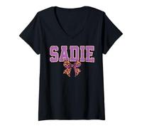 Mujer Sadie Leopard Bow Name Diseño para Mujeres y niñas Camiseta Cuello V
