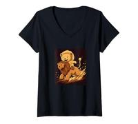 Mujer Safari Teddy Bear se une a un león para un aspecto fresco Camiseta Cuello V