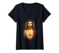 Mujer Sagrado Corazón de Jesús Arte Devocional Biblia Fe Cristiana Camiseta Cuello V