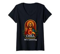 Mujer Sagrado Corazón Jesucristo Chill Art Oración Icono tee Camiseta Cuello V