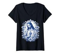 Mujer Sagrado Jesucristo Corazón Floral Católica Fe Devocional Camiseta Cuello V