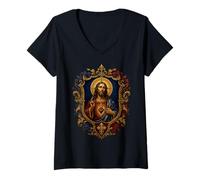 Mujer Sagrado Jesucristo Corazón Ornado Iglesia Icono Fe Arte Camiseta Cuello V