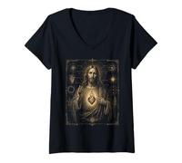 Mujer Sagrado Jesús Corazón Astral Gótico Icono Arte Devocional Fe Camiseta Cuello V
