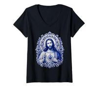 Mujer Sagrado Jesús Corazón Azul Floral Devocional Icono Fe Camiseta Cuello V