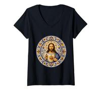 Mujer Sagrado Jesús Corazón Azul Floral Iglesia Placa Icono Arte Fe Camiseta Cuello V