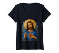 Mujer Sagrado Jesús Corazón Diseño Antiguo Icono Devocional Pintado Camiseta Cuello V
