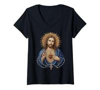Mujer Sagrado Jesús Corazón Rosario Católico Arte Devocional Fe Camiseta Cuello V