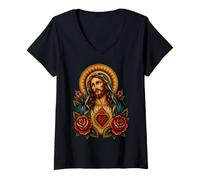 Mujer Sagrado Jesús Corazón Tatuaje Tradicional Devocional Católico Camiseta Cuello V