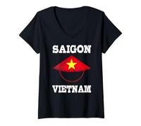 Mujer Saigon Vietnam Ciudad Ho Chi Minh Sombrero cónico Vietnamita Camiseta Cuello V