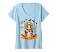 Mujer Saint Agatha Santa Cristiana Católica Pray for Us para Niños Camiseta Cuello V