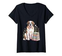 Mujer Saint Bernard Dog Bookworm Flowers Book Reading Books Camiseta Cuello V
