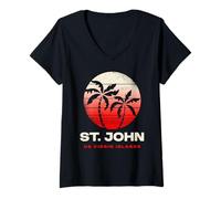 Mujer Saint John USVI Retro Sunset Palm Beach Camiseta Cuello V