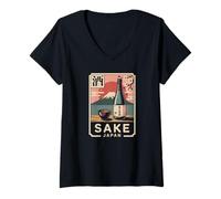 Mujer Sake japonés Japón Vintage Monte Fuji Retro Kanji Souvenir Camiseta Cuello V