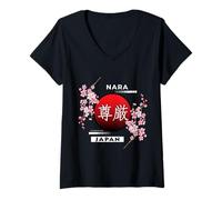 Mujer SAKURA CEREZA FLOR EN PRIMAVERA, CIUDADES DE JAPÓN, NARA Camiseta Cuello V