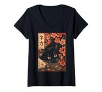 Mujer Sakura Cherry Blossom Japanese Cat Ukiyo-e Vintage Camiseta Cuello V