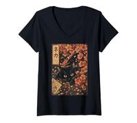 Mujer Sakura Cherry Blossom Japanese Cat Ukiyo-e Vintage Camiseta Cuello V