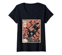 Mujer Sakura Cherry Blossom Japanese Cat Ukiyo-e Vintage Camiseta Cuello V