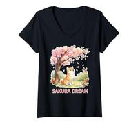 Mujer Sakura Dream Shiba Inu Arte estético de Flor de Cerezo japonés Camiseta Cuello V