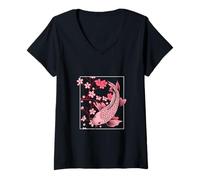 Mujer Sakura Flor Flor Koi Pez Vintage Japonés Retro Camiseta Cuello V