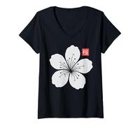 Mujer Sakura Flower Kanji Arte Japonés Streetwear Camiseta Cuello V