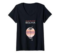 Mujer Salar de Uyuni Bolivia Flamingo Atardecer Camiseta Cuello V