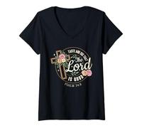Mujer Salmo 34:8 El Señor es Bueno, Cruz Floral Versículo de la Biblia Camiseta Cuello V