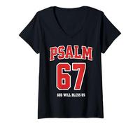 Mujer Salmo 67 Dios Nos bendecirá Varsity Número 67 Camiseta Cuello V