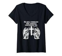 Mujer Salmo 91:11 - Mandará a sus ángeles Versículo bíblico cristiano Camiseta Cuello V