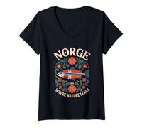 Mujer Salmón Noruego Norge Cultura Tradición Patrones Florales Camiseta Cuello V