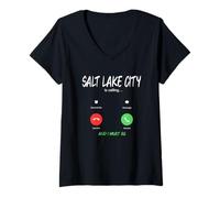 Mujer Salt Lake City está Llamando y Debo IR a Utah USA Viajando Camiseta Cuello V