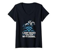 Mujer Salto más alto que tu señal Wi-Fi ecuestre Camiseta Cuello V