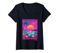 Mujer Salty Living Vaporwave Playa Atardecer Verano Camiseta Cuello V