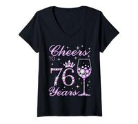 Mujer Saludos a las mujeres de 76 años con corona morada, 76 cumpleaños Camiseta Cuello V