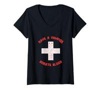 Mujer Salva a un Vampiro, Dona Sangre, Divertido Halloween Camiseta Cuello V