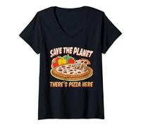 Mujer Salva el planeta Aquí hay pizza Camiseta Cuello V