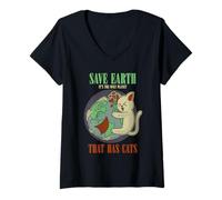 Mujer Salva la Tierra: el único planeta tiene un gato: divertido Día de la Tierra Camiseta Cuello V