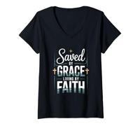 Mujer Salvado por Grace Living de Faith Christian Streetwear Camiseta Cuello V