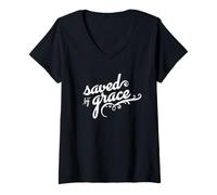 Mujer Salvado por la Gracia para los creyentes Cristo y Dios Camiseta Cuello V