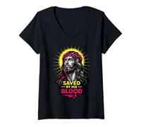 Mujer Salvado por Su Sangre Jesucristo Corona De Espinas Cristiano Camiseta Cuello V