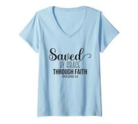 Mujer Salvados por la Gracia a través de la fe - Verso de la Biblia Christian Faith Camiseta Cuello V